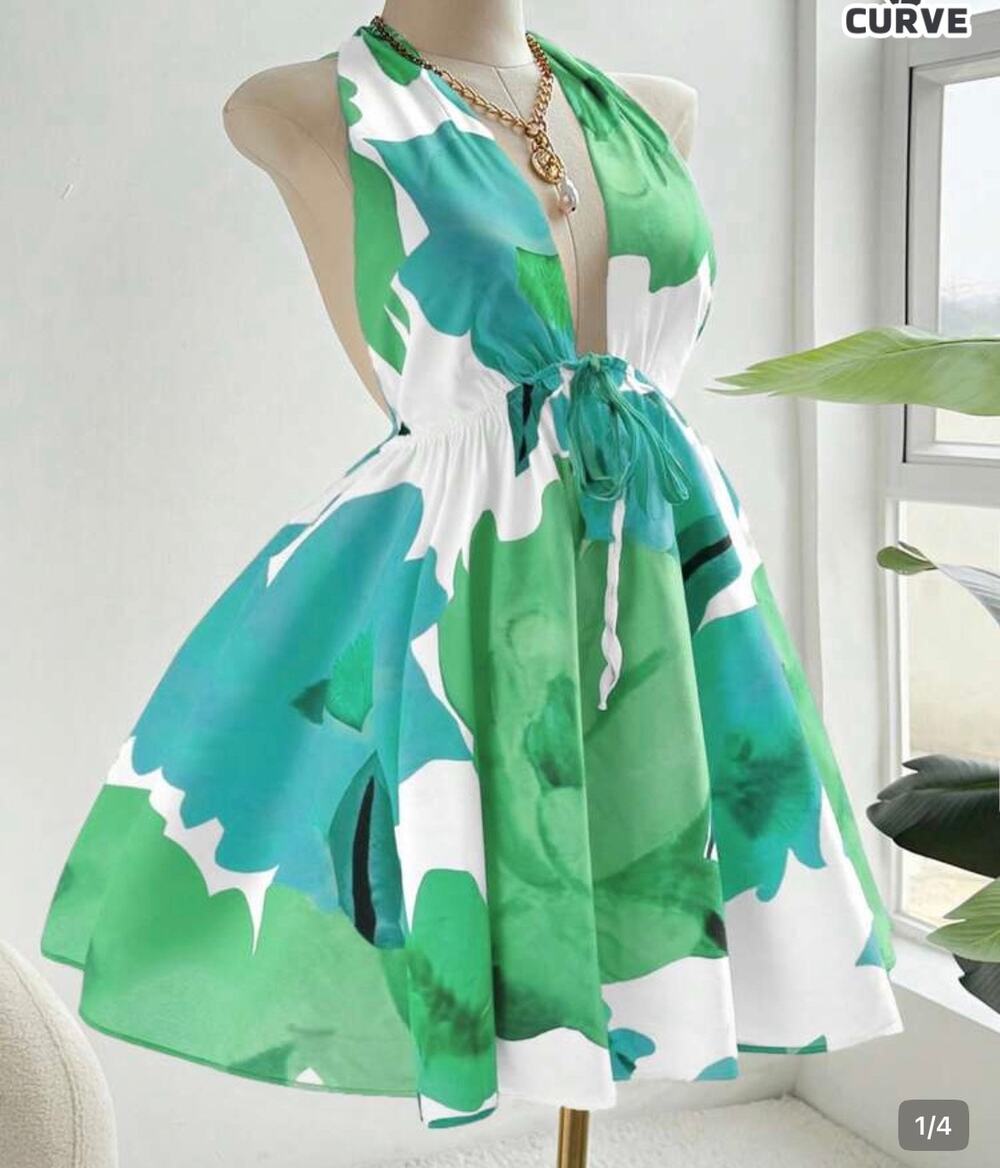 SHEIN Flirla Plus Size Halter Tie-Up Allover Print Sexy Vacation Dress